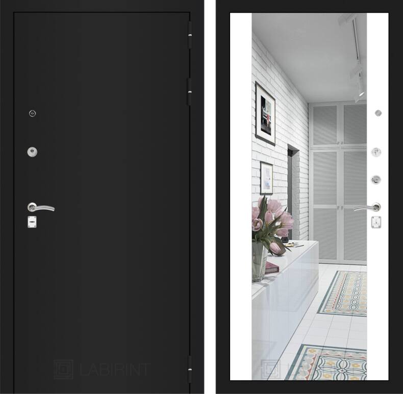Входная дверь CLASSIC шагрень черная с Зеркалом Максимум - Белый софт