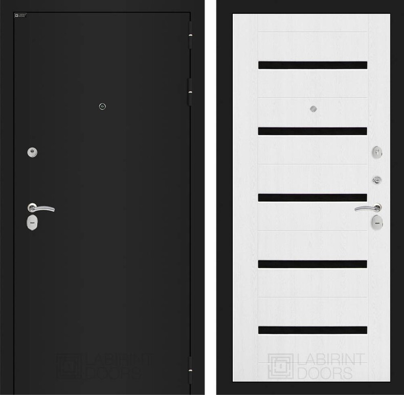 Входная дверь CLASSIC шагрень черная 01 - Белое дерево, стекло черное