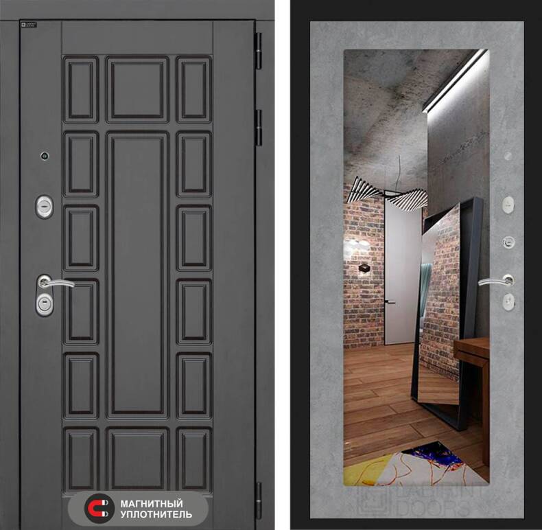 Входная дверь Нью-Йорк с Зеркалом 18 - Бетон светлый 880х2050 левая