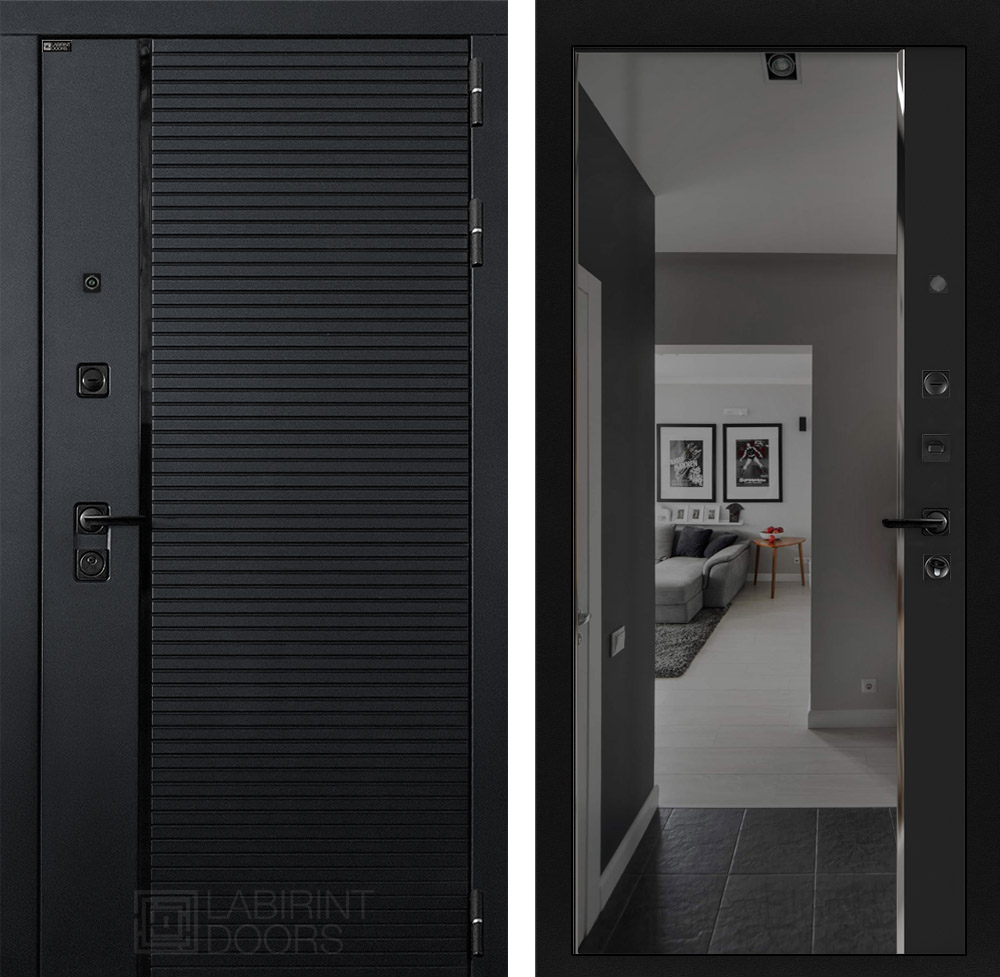 Входная дверь Пиано с зеркалом Панорама с тонировкой - Черный кварц - Image 1