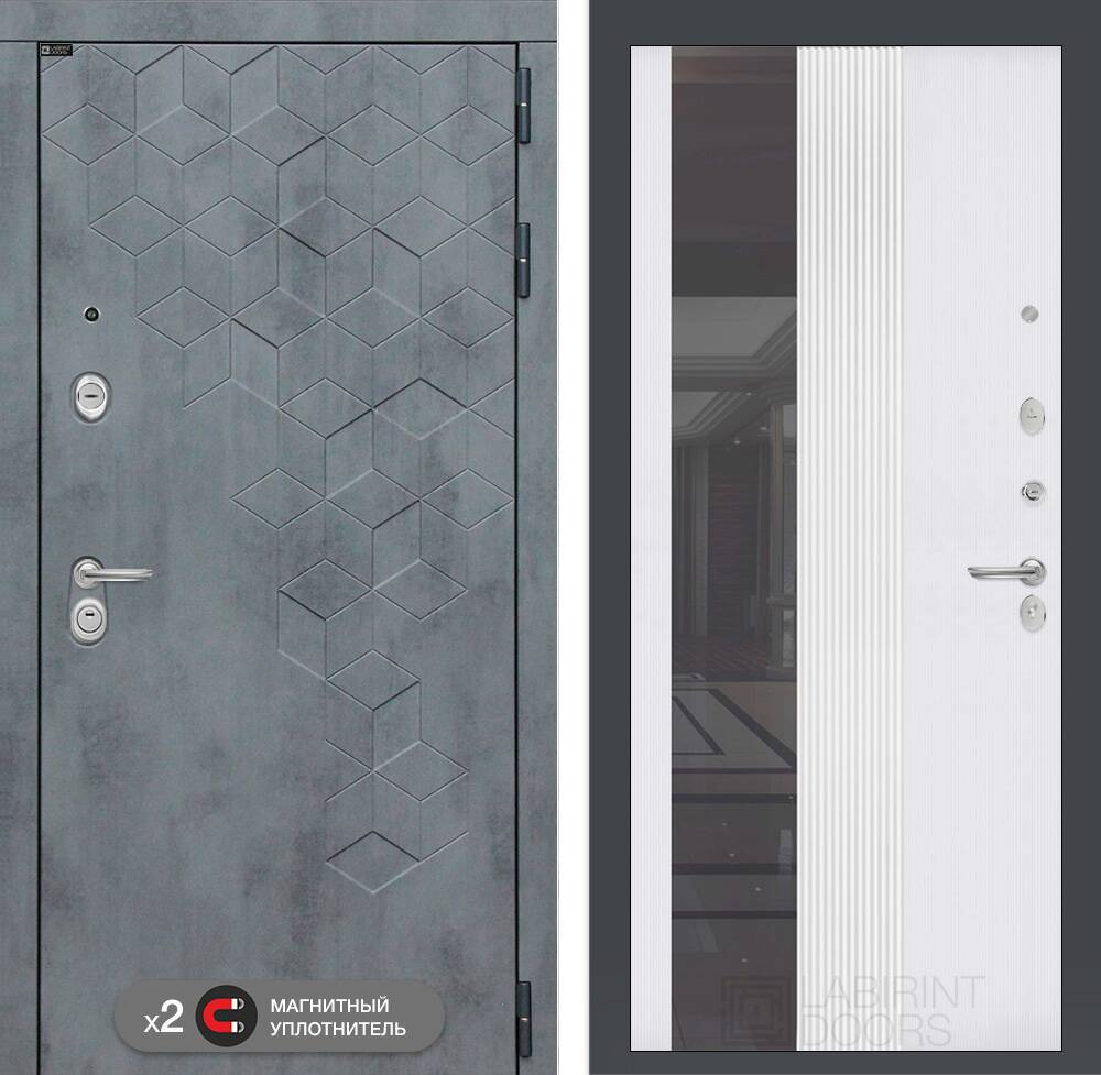 Входная дверь Бетон с Зеркалом 32 тонированным - Белый рельеф софт