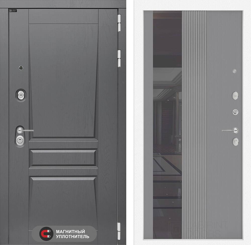 Входная дверь Платинум с Зеркалом 32 тонированным - Серый рельеф софт