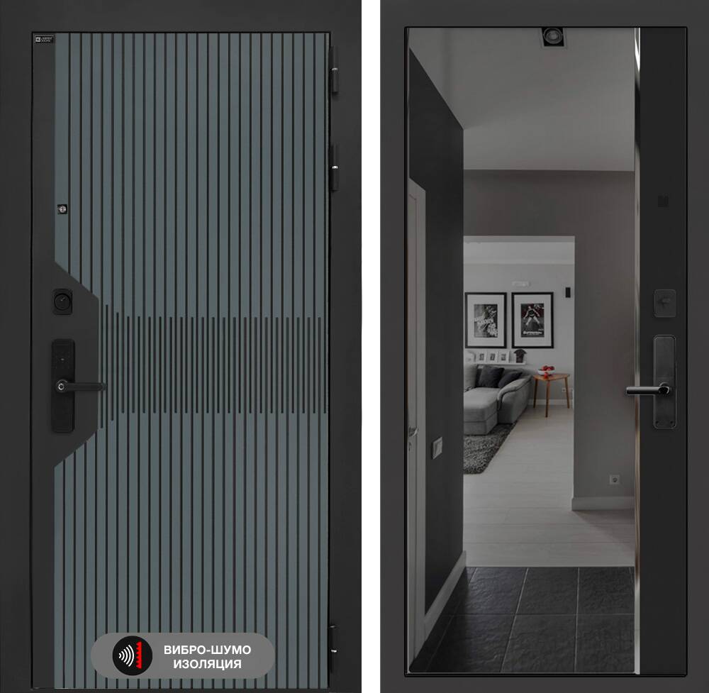 Входная дверь Смартлаб с зеркалом Панорама с тонировкой - Черный кварц